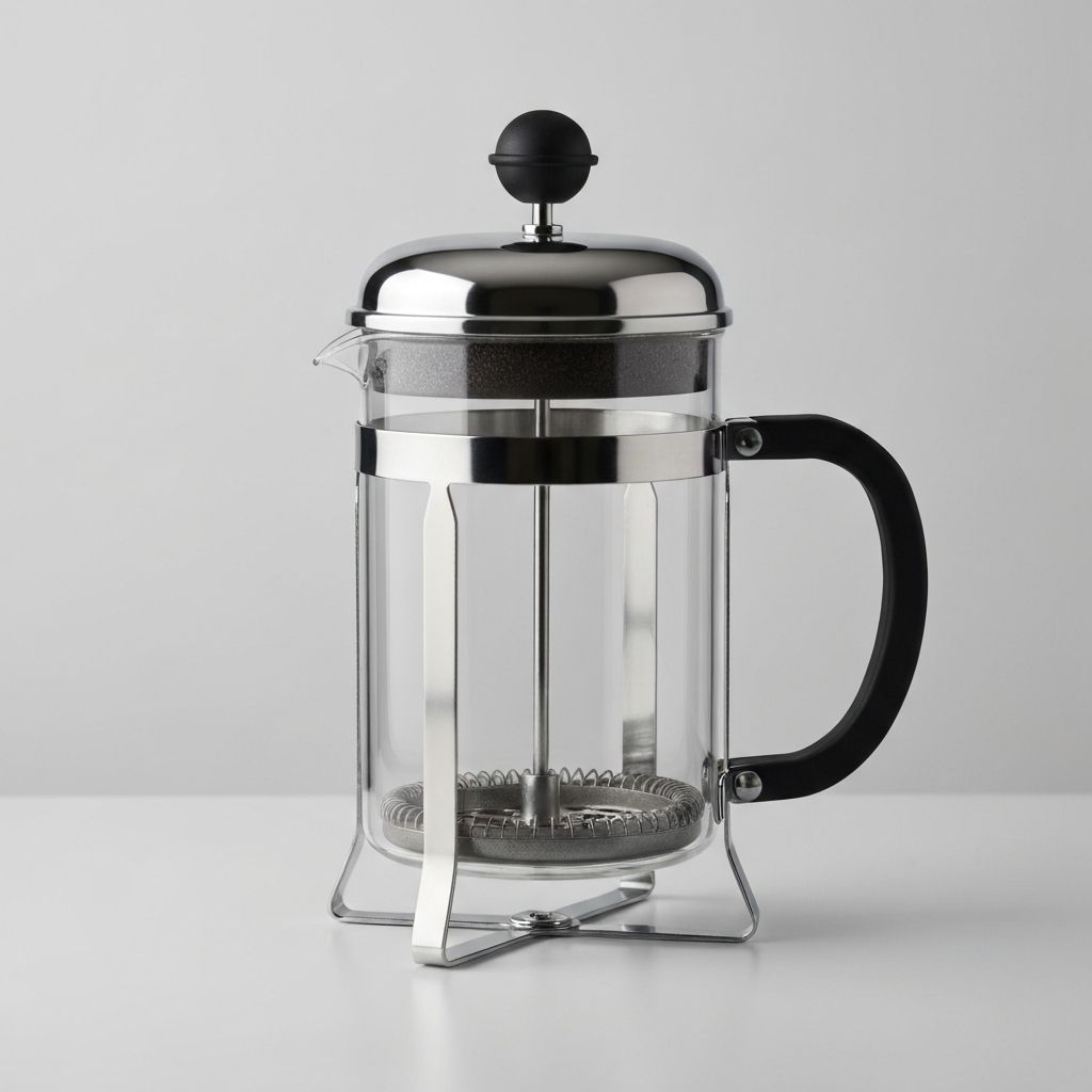 Französische Pressgießkanne aus Edelstahl und Borosilicatglas