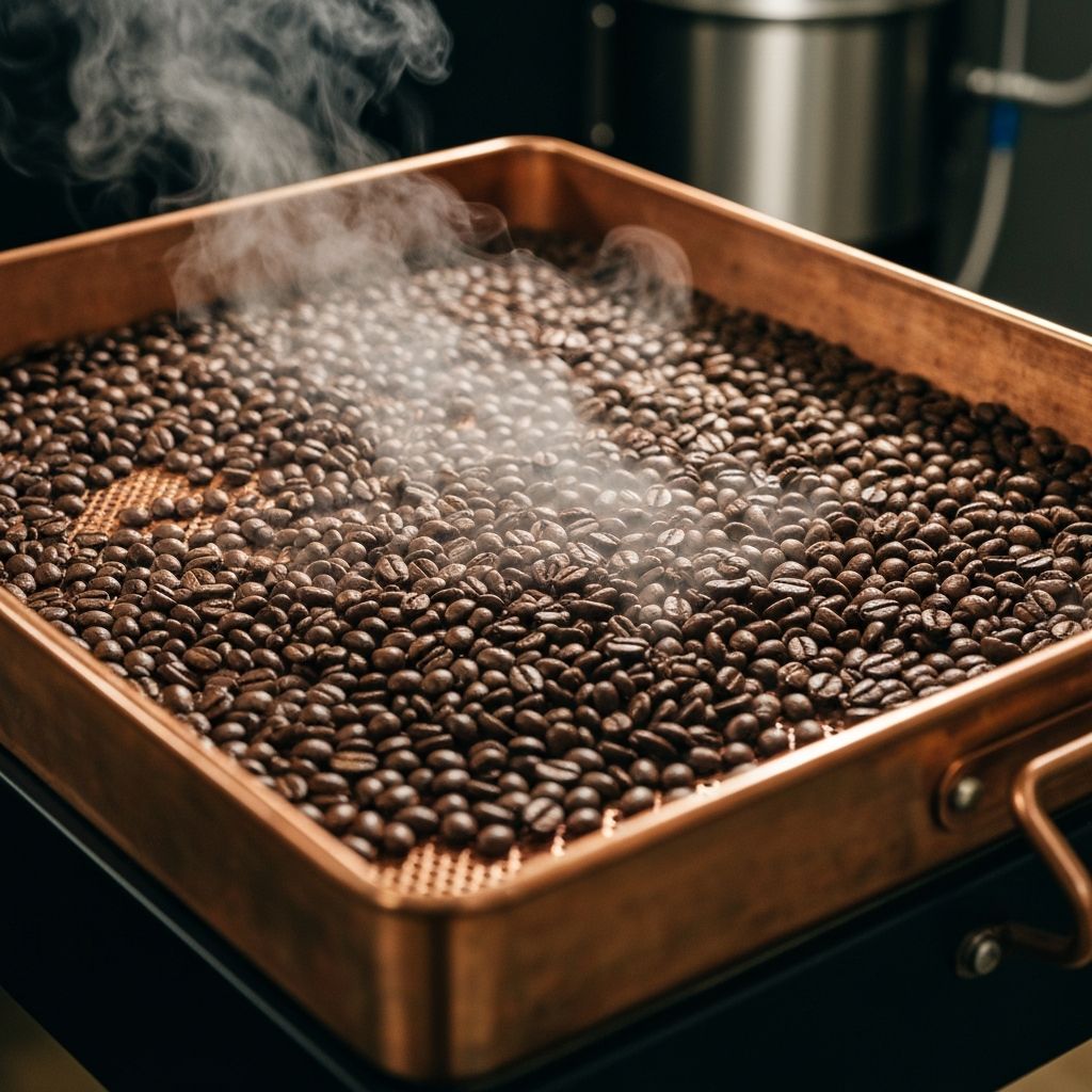 Kühlblech mit heißen Bohnen, in Bewegung zum Abkühlen